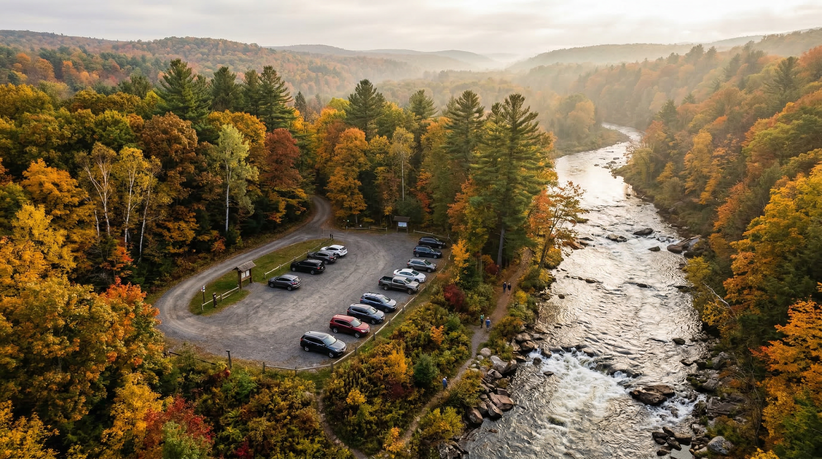 Aerial view of a parking area nestled among autumn trees along the Salmon River